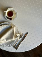 Round Classic white tablecloth with an ornament, Cotton-Poly mix |