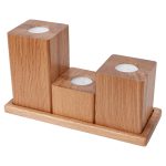 Three Square Oiled Oak Candlesticks with Tray
