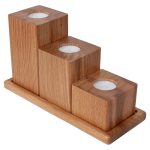Three Square Oiled Oak Candlesticks with Tray - Image 2