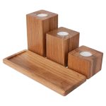 Three Square Oiled Oak Candlesticks with Tray - Image 5