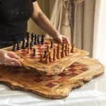 Olive Wood Chess Set with a Rustic Wobbly Board and Red Squares - Image 2