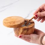 Handmade Olive Wood Salt Cellar with Scoop and Magnetic Lid - Image 4