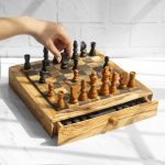 Handcrafted Square Olive Wood Chess Set with One Large Drawer - Image 4