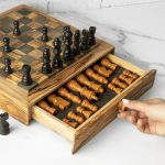 Handcrafted Square Olive Wood Chess Set with One Large Drawer - Image 5