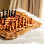 Olive Wood Chess Set with a Rustic Wobbly Board and Red Squares - Image 3
